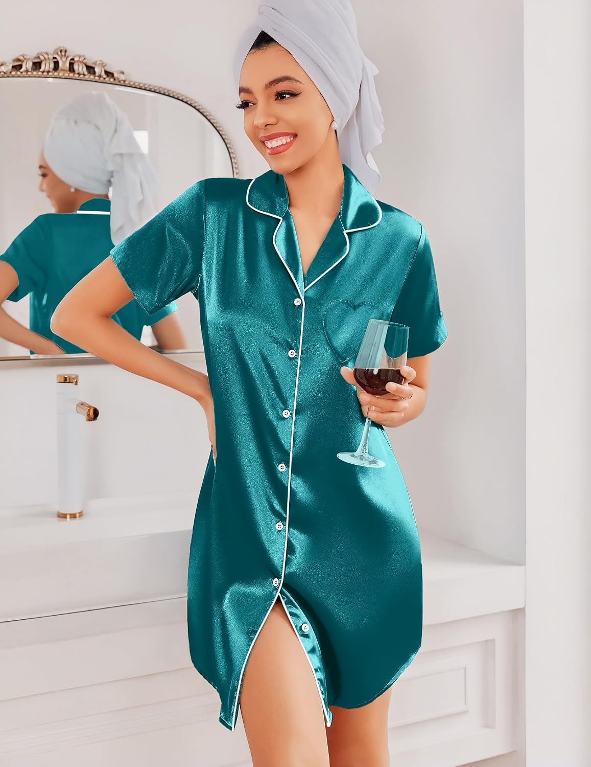 image:imageEkouaer Silk Nightgowns for Women Satin Sleep Shirts Button Down NightshirtBlue Green