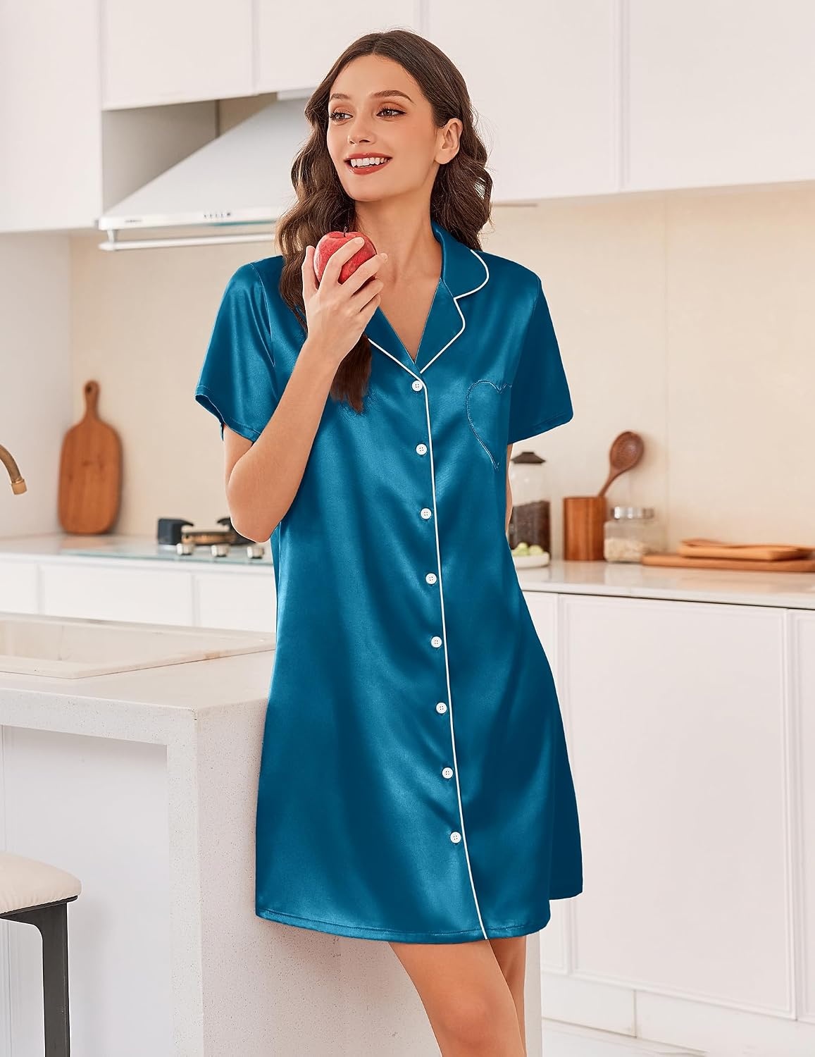 image:imageEkouaer Silk Nightgowns for Women Satin Sleep Shirts Button Down NightshirtDeep Blue