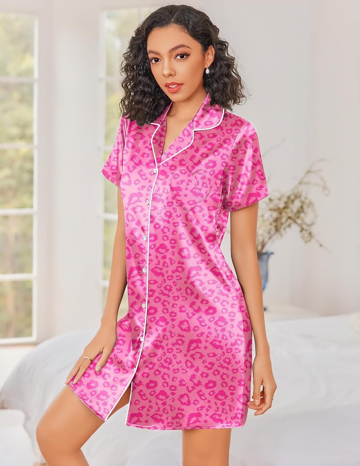 image:imageEkouaer Silk Nightgowns for Women Satin Sleep Shirts Button Down NightshirtHot Pink Leopard