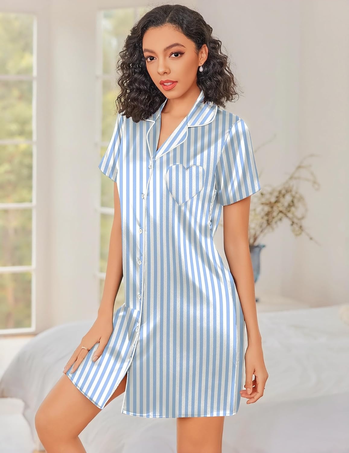 image:imageEkouaer Silk Nightgowns for Women Satin Sleep Shirts Button Down NightshirtStriped Blue