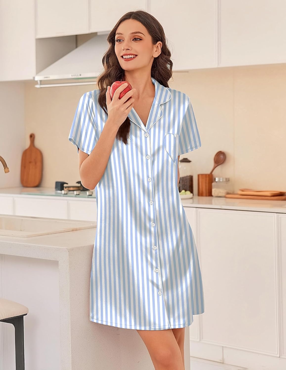 image:imageEkouaer Silk Nightgowns for Women Satin Sleep Shirts Button Down NightshirtStriped Blue
