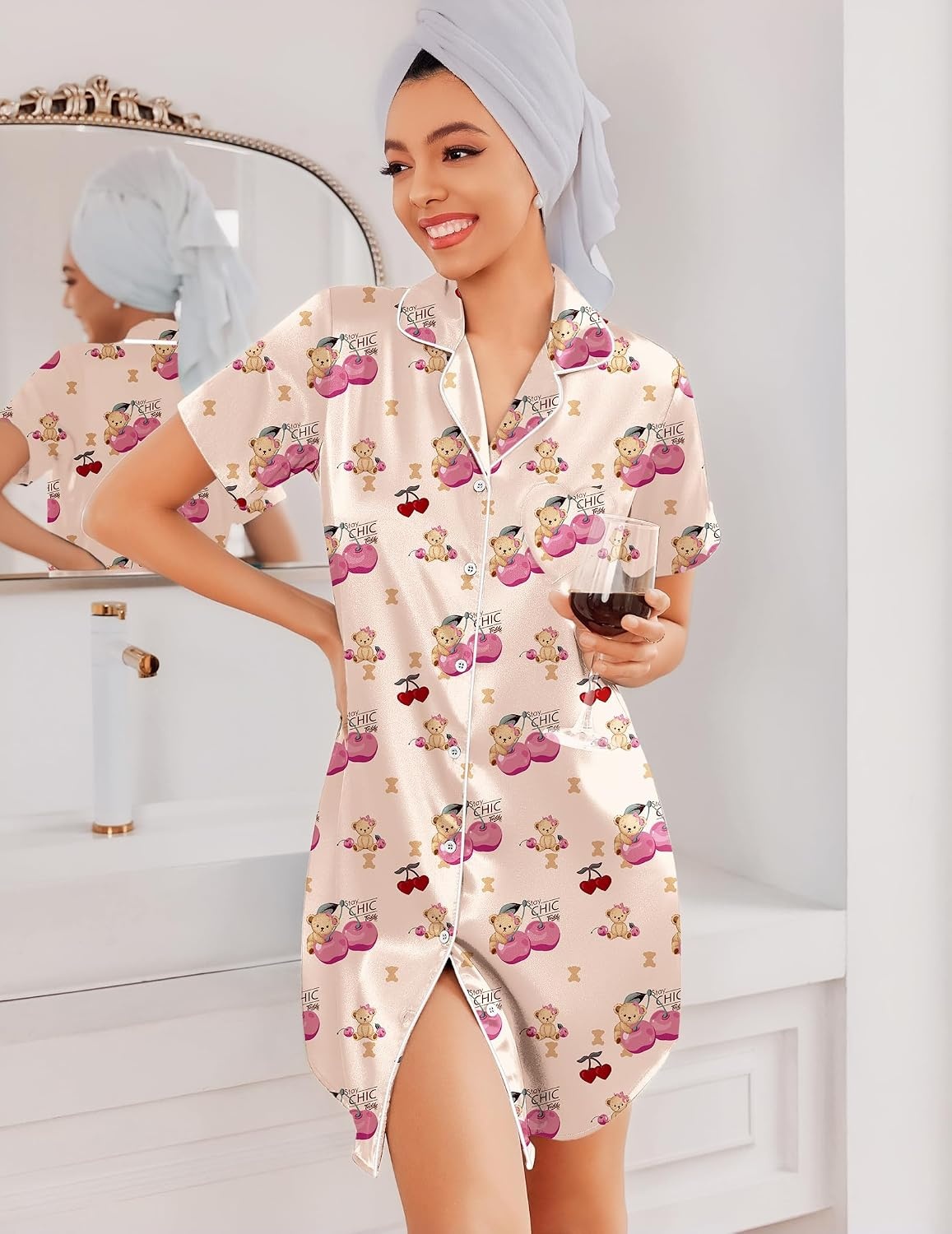 image:imageEkouaer Silk Nightgowns for Women Satin Sleep Shirts Button Down NightshirtTeddy Bear Cherry
