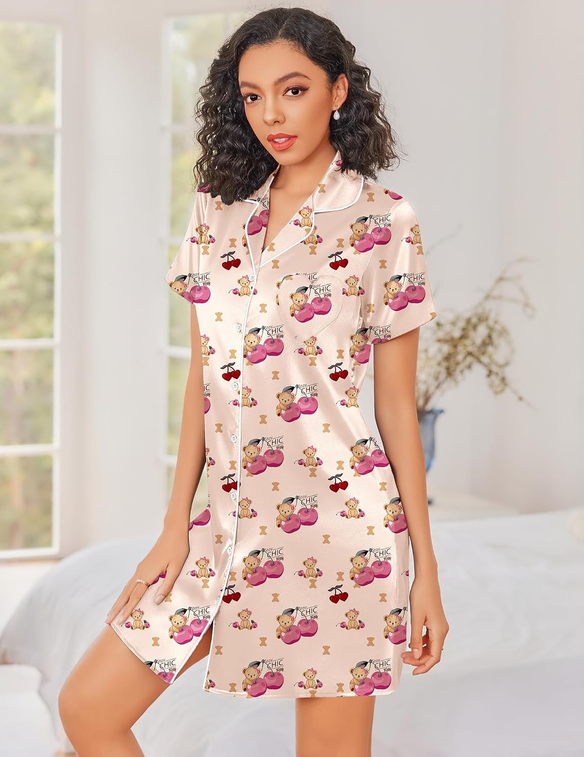 image:imageEkouaer Silk Nightgowns for Women Satin Sleep Shirts Button Down NightshirtTeddy Bear Cherry