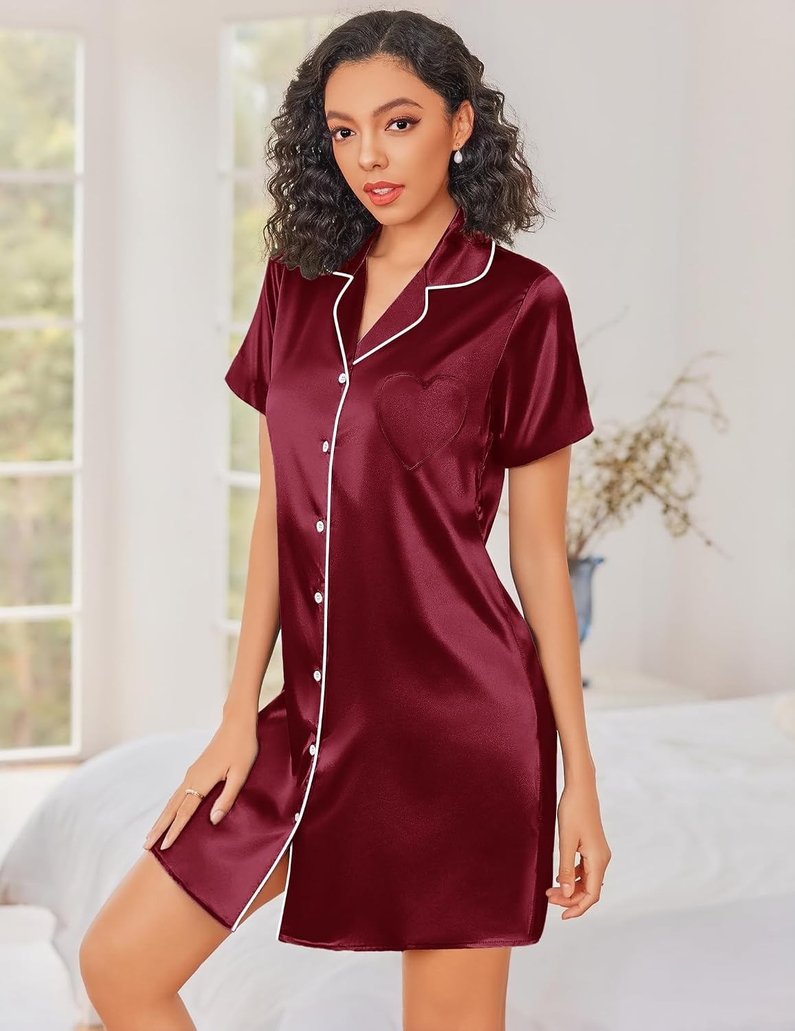 image:imageEkouaer Silk Nightgowns for Women Satin Sleep Shirts Button Down NightshirtWine Red