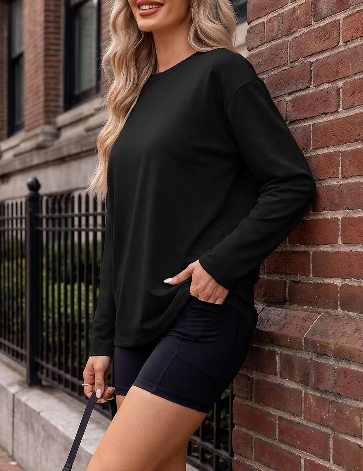 image:imageEkouaer Womens Oversized Long Sleeve Cotton Shirts Crew Neck Fall TopsBlack