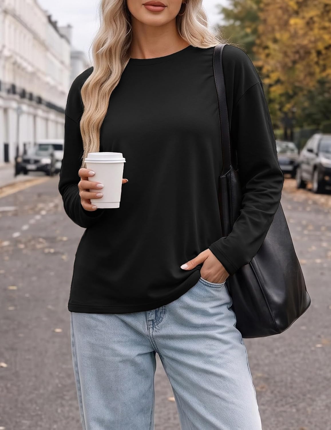 image:imageEkouaer Womens Oversized Long Sleeve Cotton Shirts Crew Neck Fall TopsBlack