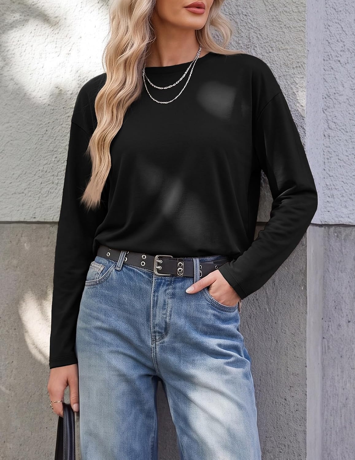 image:imageEkouaer Womens Oversized Long Sleeve Cotton Shirts Crew Neck Fall TopsBlack