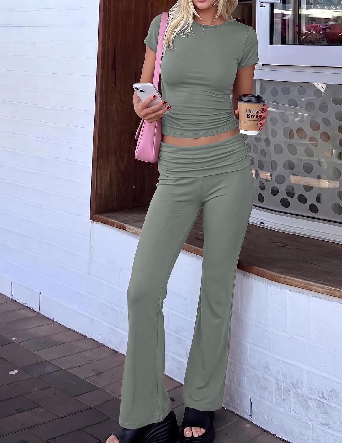 image:imageEkouaer Womens Pajama Set Short Sleeve Crop Top Foldover Flare PantsGray Green