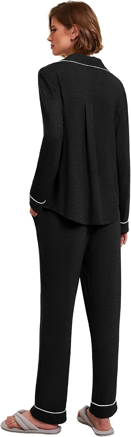 image:imageEkouaer Womens Pajamas Long Sleeve Loungewear Casual Button Down PjsBlack