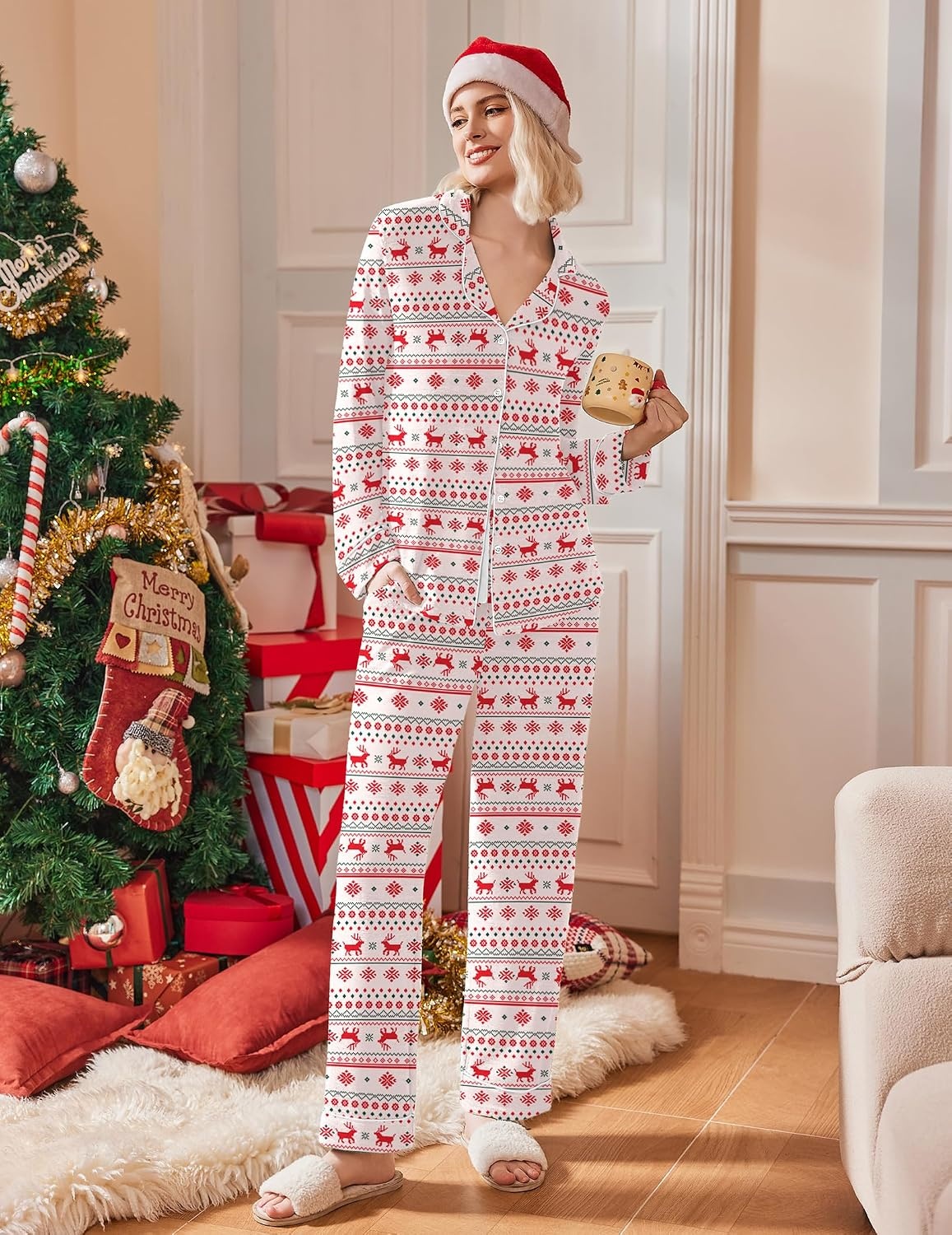 image:imageEkouaer Womens Pajamas Long Sleeve Loungewear Casual Button Down PjsChristmas Reindeer