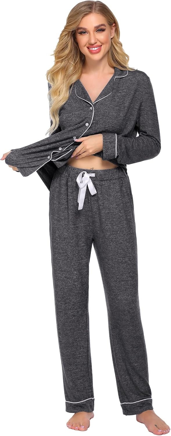 image:imageEkouaer Womens Pajamas Long Sleeve Loungewear Casual Button Down PjsDark Grey
