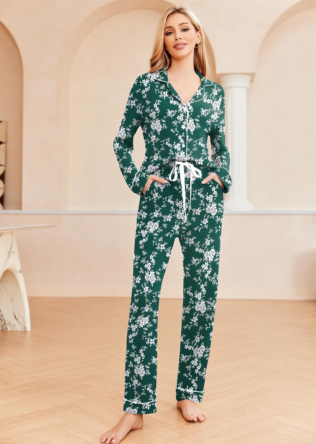 image:imageEkouaer Womens Pajamas Long Sleeve Loungewear Casual Button Down PjsGreen Floral