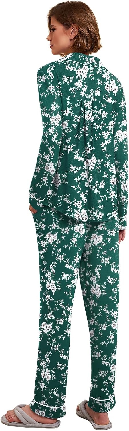 image:imageEkouaer Womens Pajamas Long Sleeve Loungewear Casual Button Down PjsGreen Floral