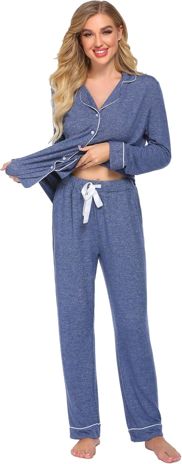 image:imageEkouaer Womens Pajamas Long Sleeve Loungewear Casual Button Down PjsNavy