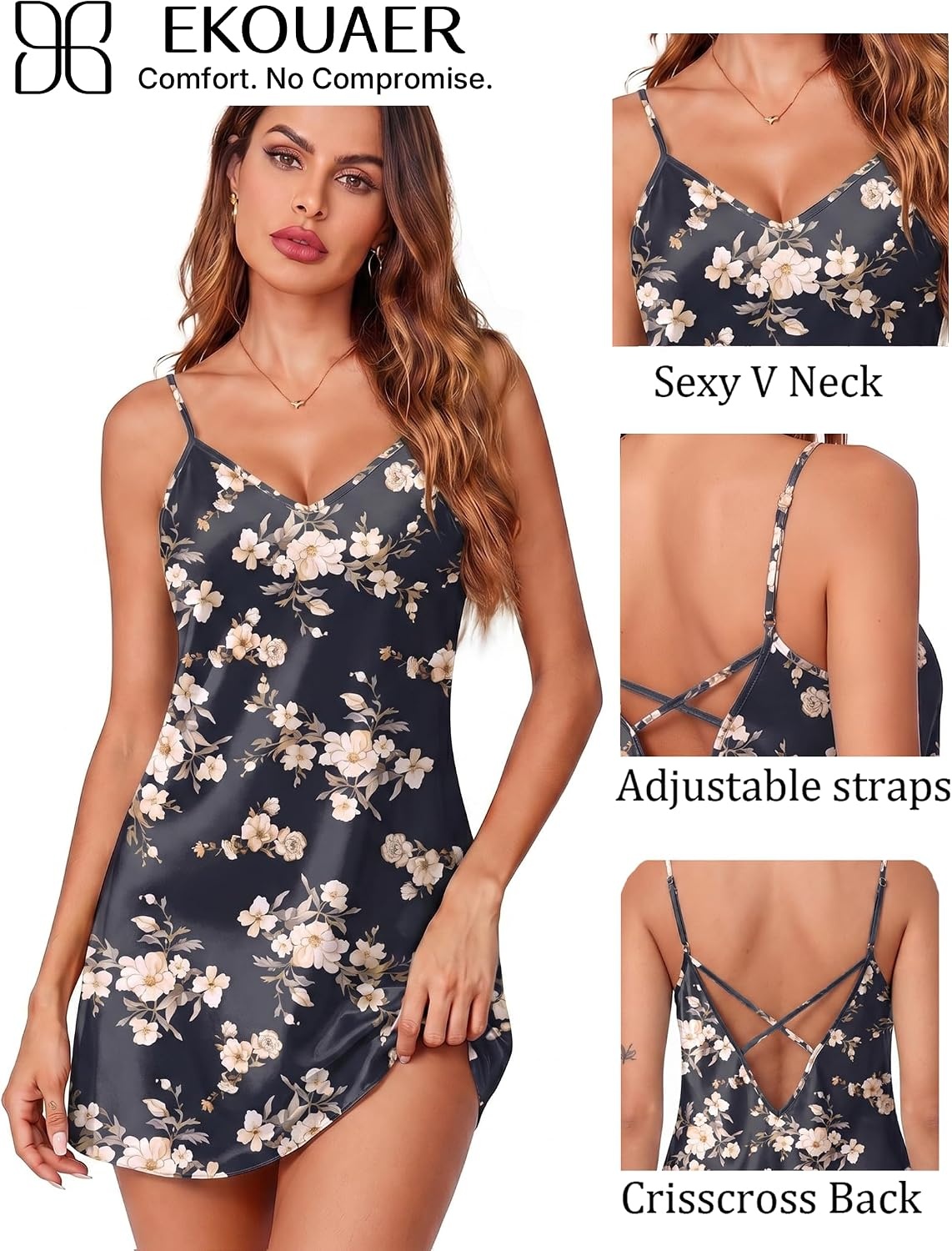 image:imageEkouaer Womens Satin Chemise Nightgown Sleeveless Slip Sleepwear S2XLFlower Clusters Dark Gray