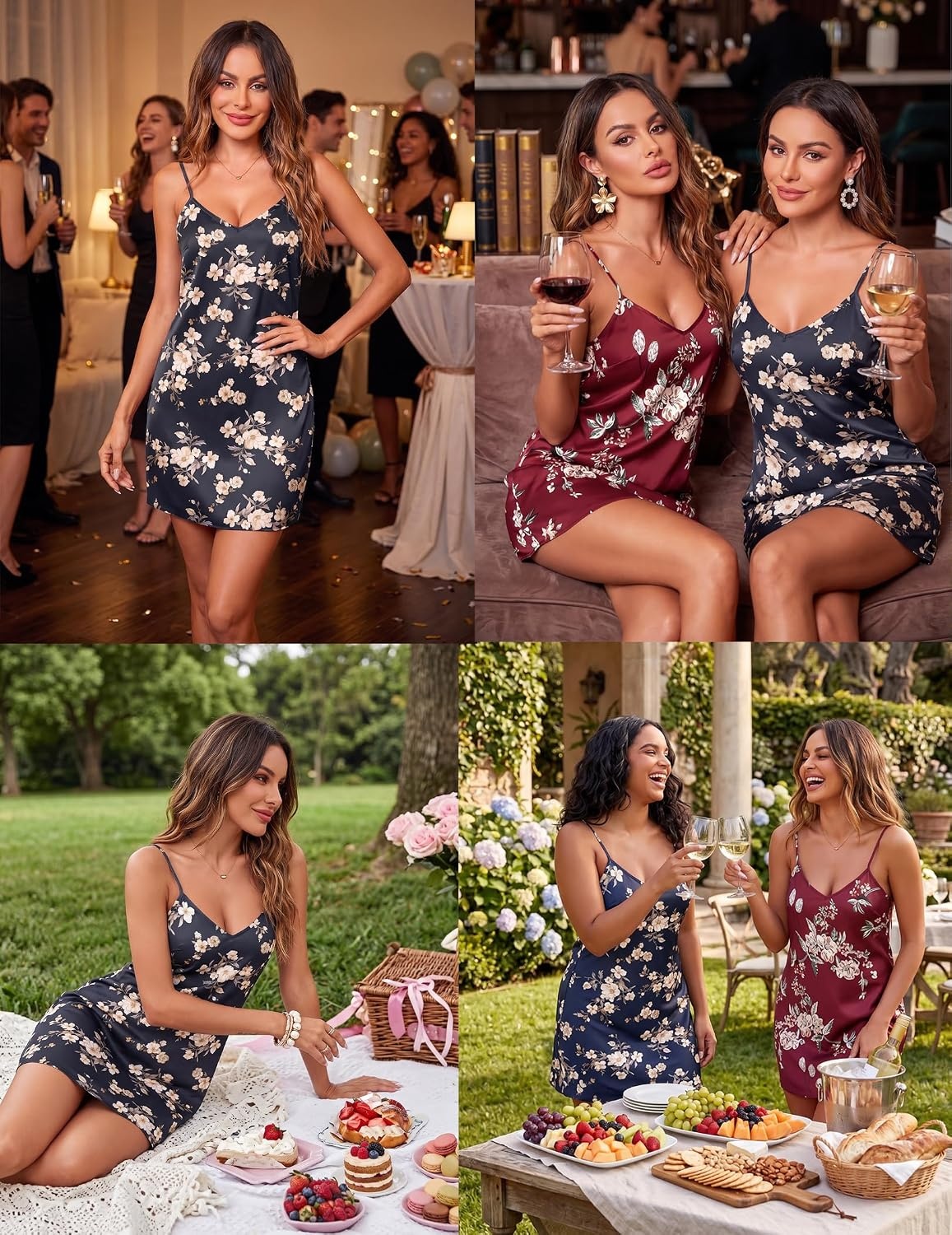 image:imageEkouaer Womens Satin Chemise Nightgown Sleeveless Slip Sleepwear S2XLFlower Clusters Dark Gray