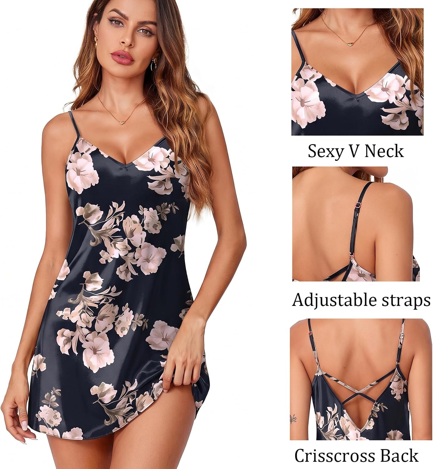 image:imageEkouaer Womens Satin Chemise Nightgown Sleeveless Slip Sleepwear S2XLFlowers Black