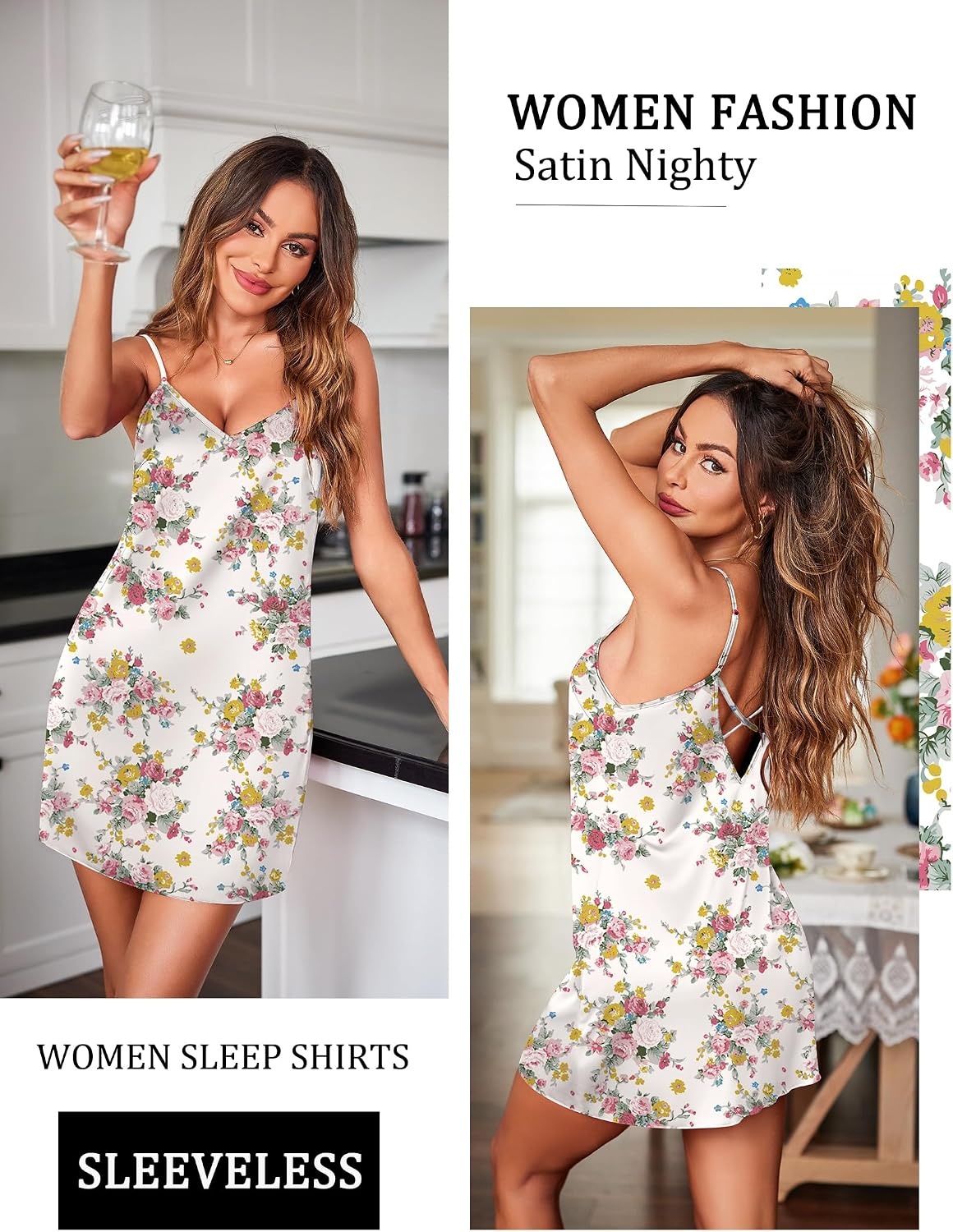 image:imageEkouaer Womens Satin Chemise Nightgown Sleeveless Slip Sleepwear S2XLFlowers White