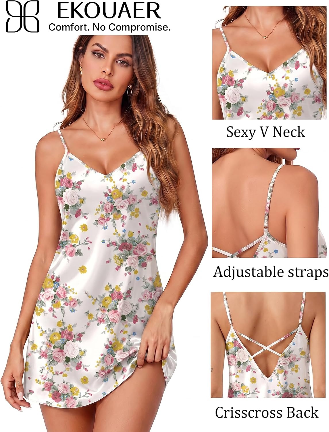 image:imageEkouaer Womens Satin Chemise Nightgown Sleeveless Slip Sleepwear S2XLFlowers White