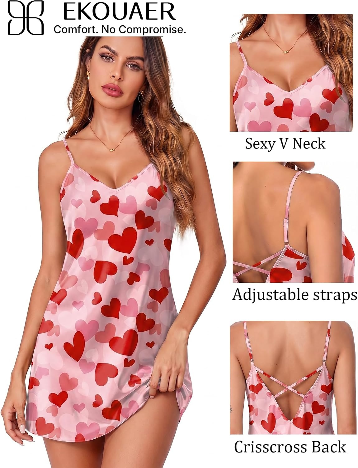 image:imageEkouaer Womens Satin Chemise Nightgown Sleeveless Slip Sleepwear S2XLHeart Pink