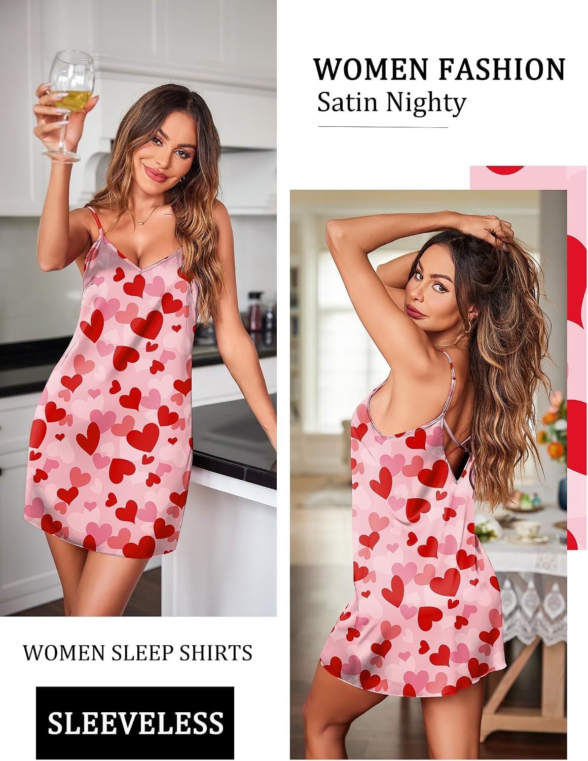image:imageEkouaer Womens Satin Chemise Nightgown Sleeveless Slip Sleepwear S2XLHeart Pink