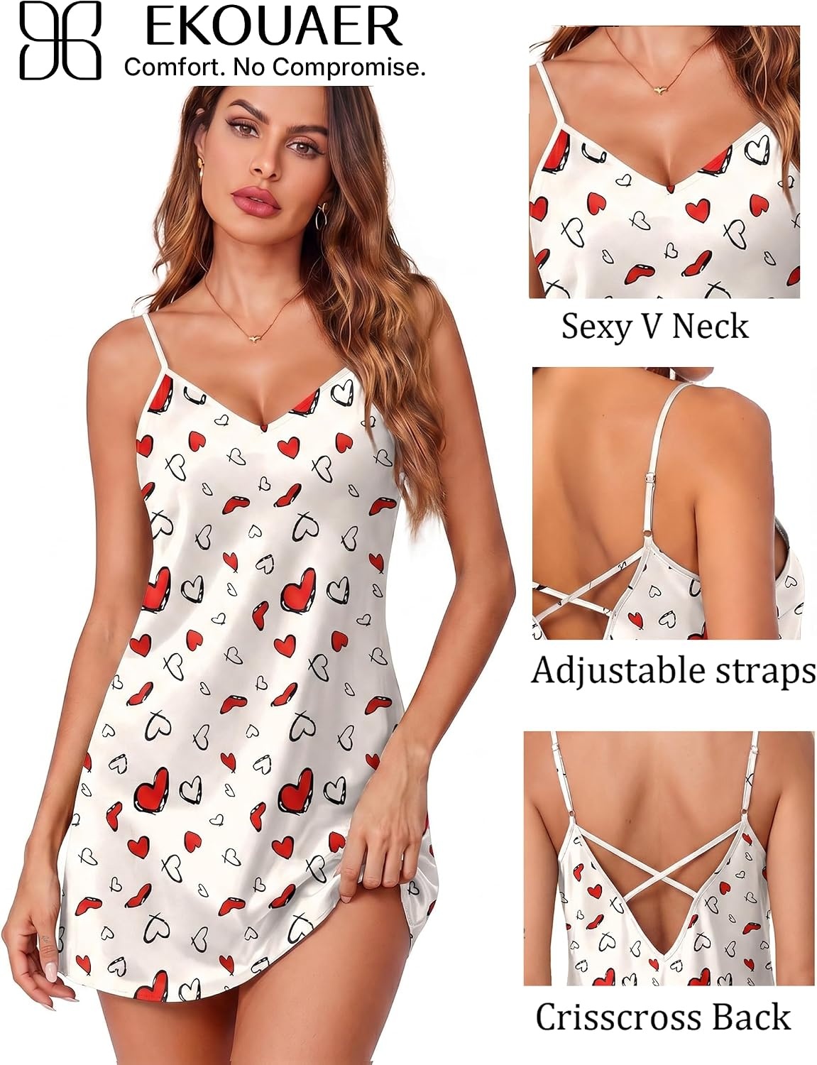 image:imageEkouaer Womens Satin Chemise Nightgown Sleeveless Slip Sleepwear S2XLHeart Red