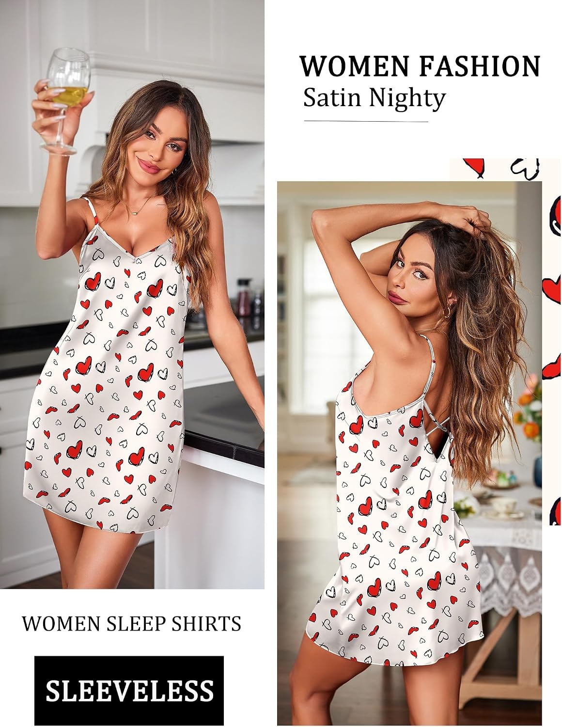 image:imageEkouaer Womens Satin Chemise Nightgown Sleeveless Slip Sleepwear S2XLHeart Red