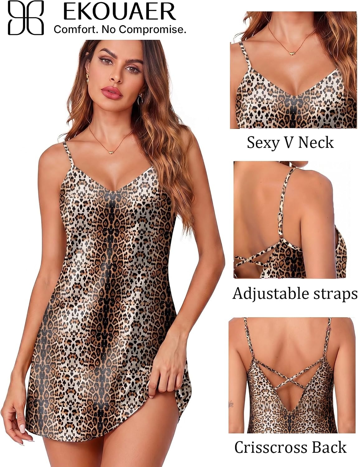image:imageEkouaer Womens Satin Chemise Nightgown Sleeveless Slip Sleepwear S2XLLeopard