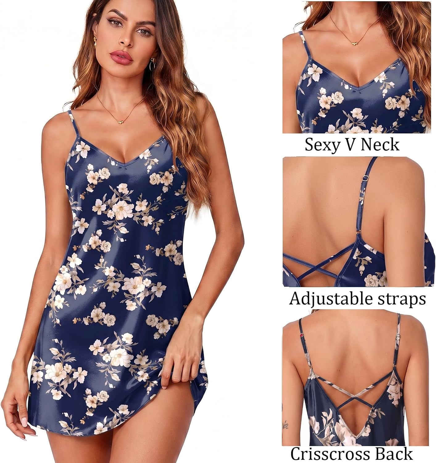 image:imageEkouaer Womens Satin Chemise Nightgown Sleeveless Slip Sleepwear S2XLPlants Flowers