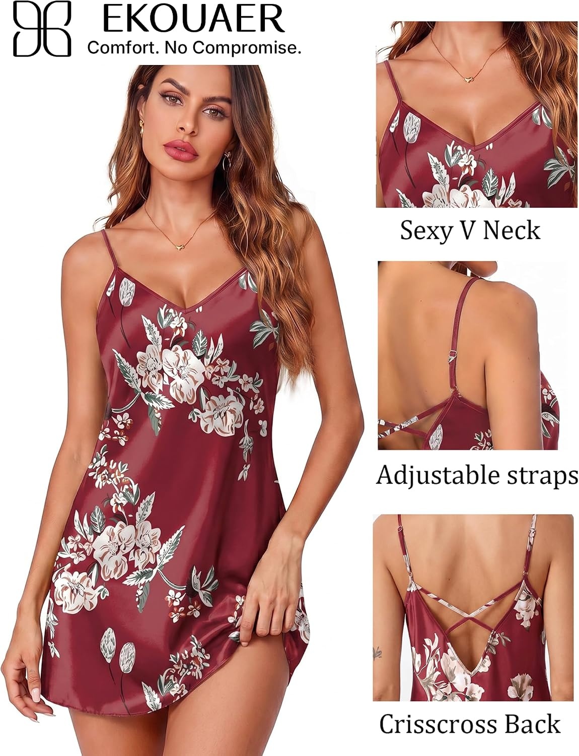 image:imageEkouaer Womens Satin Chemise Nightgown Sleeveless Slip Sleepwear S2XLPlants Flowers Red