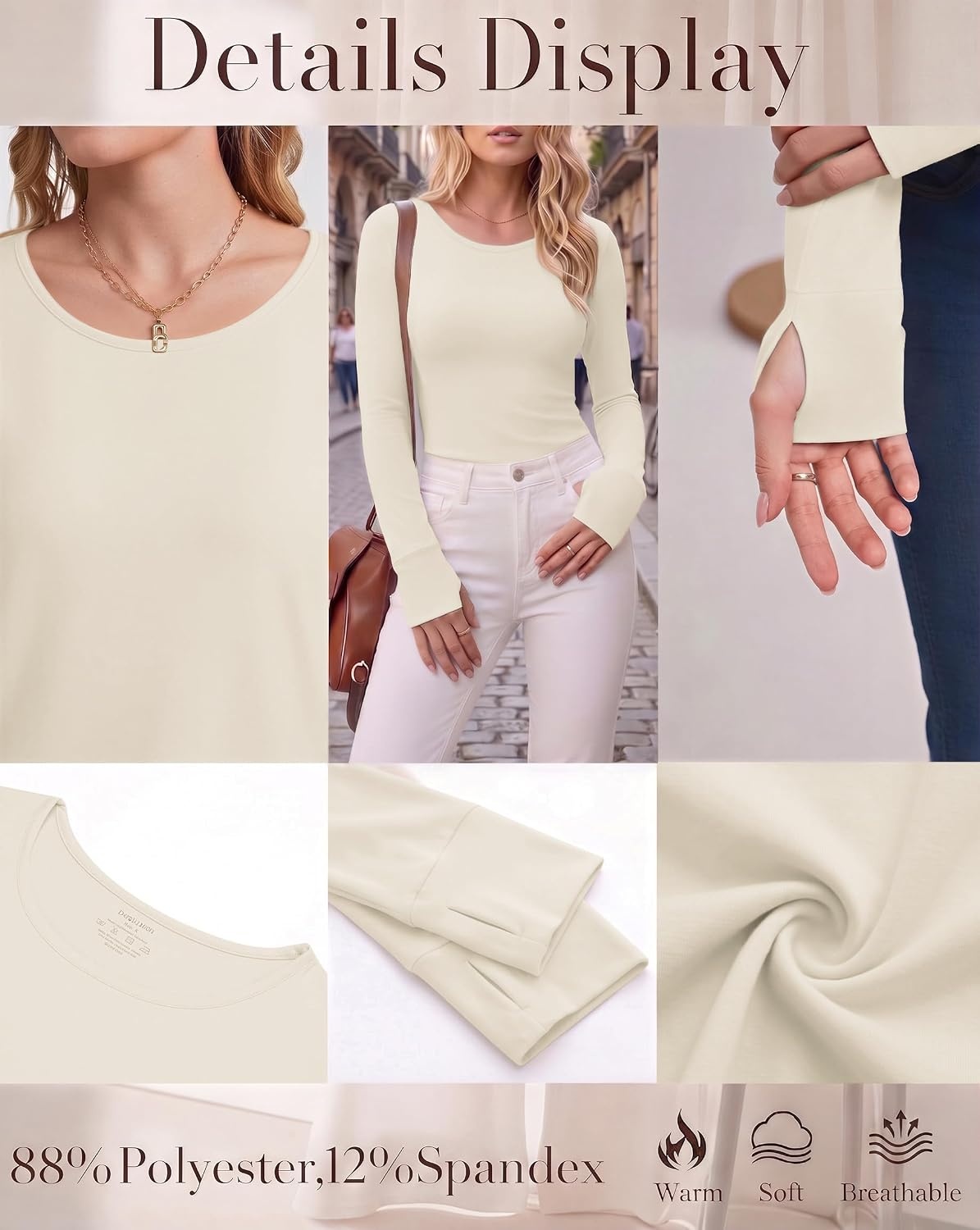 image:imageLong Sleeve Shirts for Women Thumb Hole Fitted Tops Thermal Layering TeesBeige