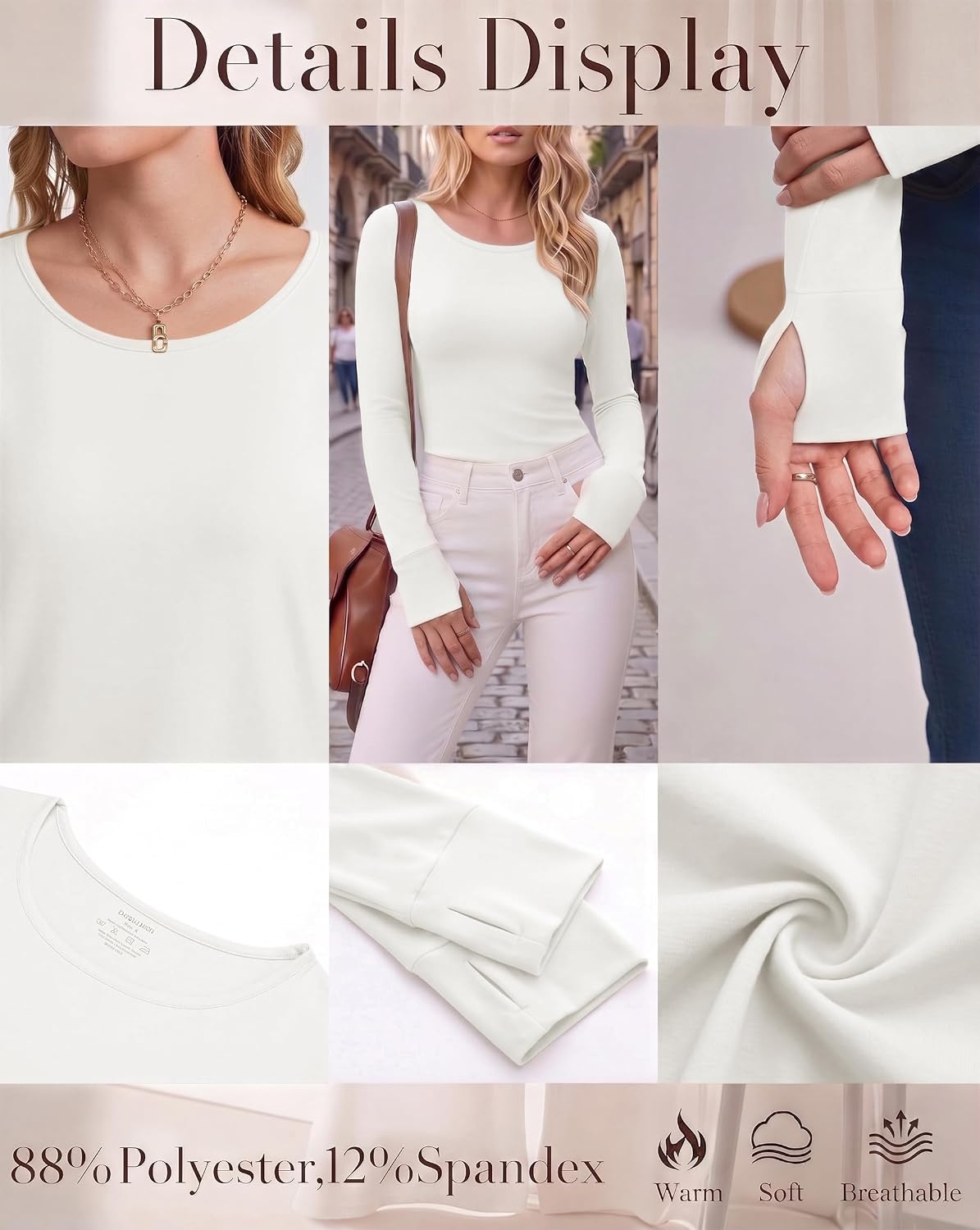 image:imageLong Sleeve Shirts for Women Thumb Hole Fitted Tops Thermal Layering TeesBlackWhiteBrown