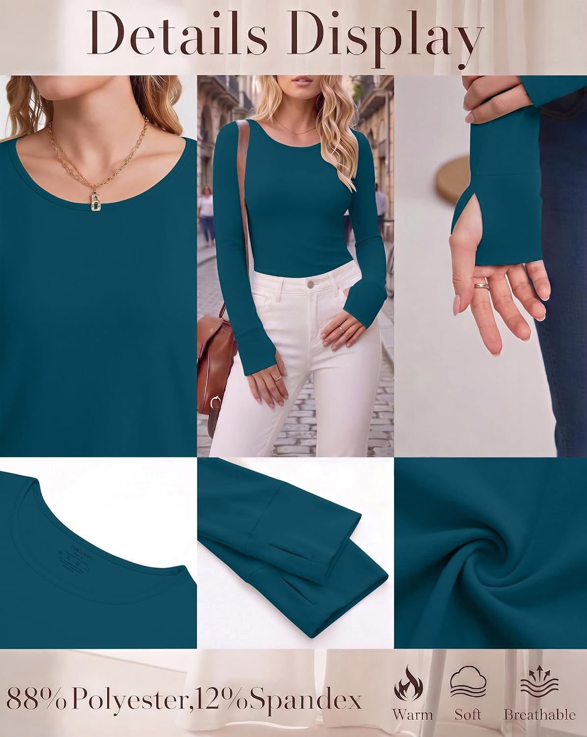 image:imageLong Sleeve Shirts for Women Thumb Hole Fitted Tops Thermal Layering TeesBlackWhiteDark Blue