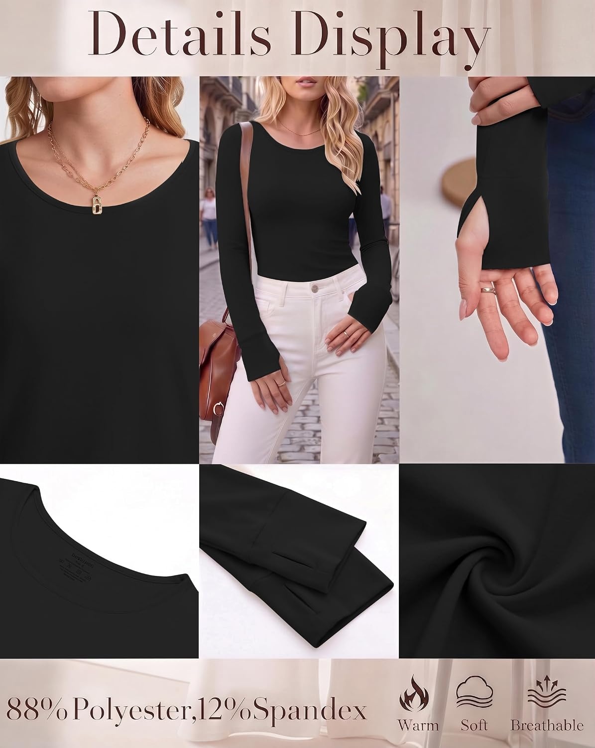 image:imageLong Sleeve Shirts for Women Thumb Hole Fitted Tops Thermal Layering TeesBlackWhiteKhaki