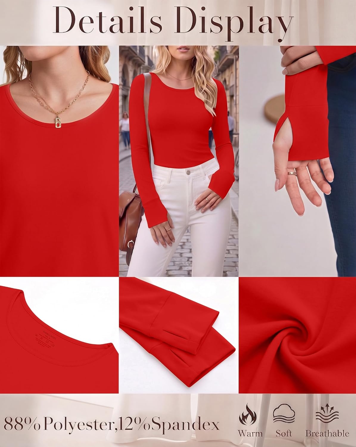 image:imageLong Sleeve Shirts for Women Thumb Hole Fitted Tops Thermal Layering TeesBlackWhiteRed