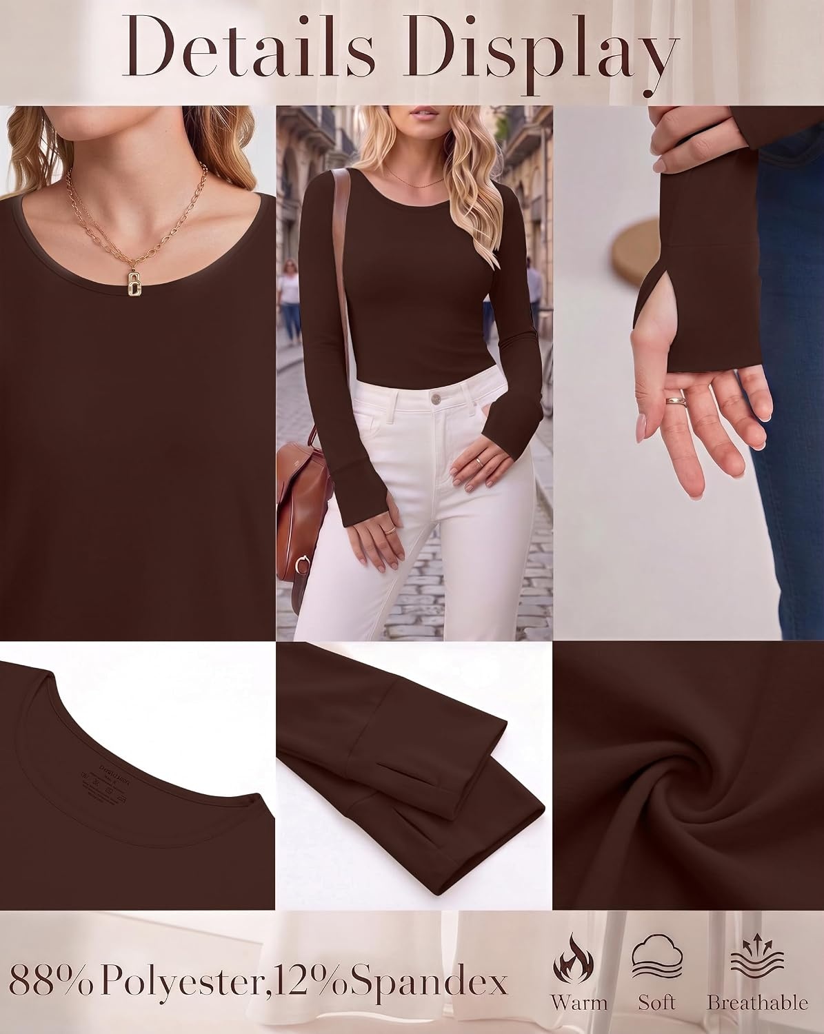 image:imageLong Sleeve Shirts for Women Thumb Hole Fitted Tops Thermal Layering TeesBrown