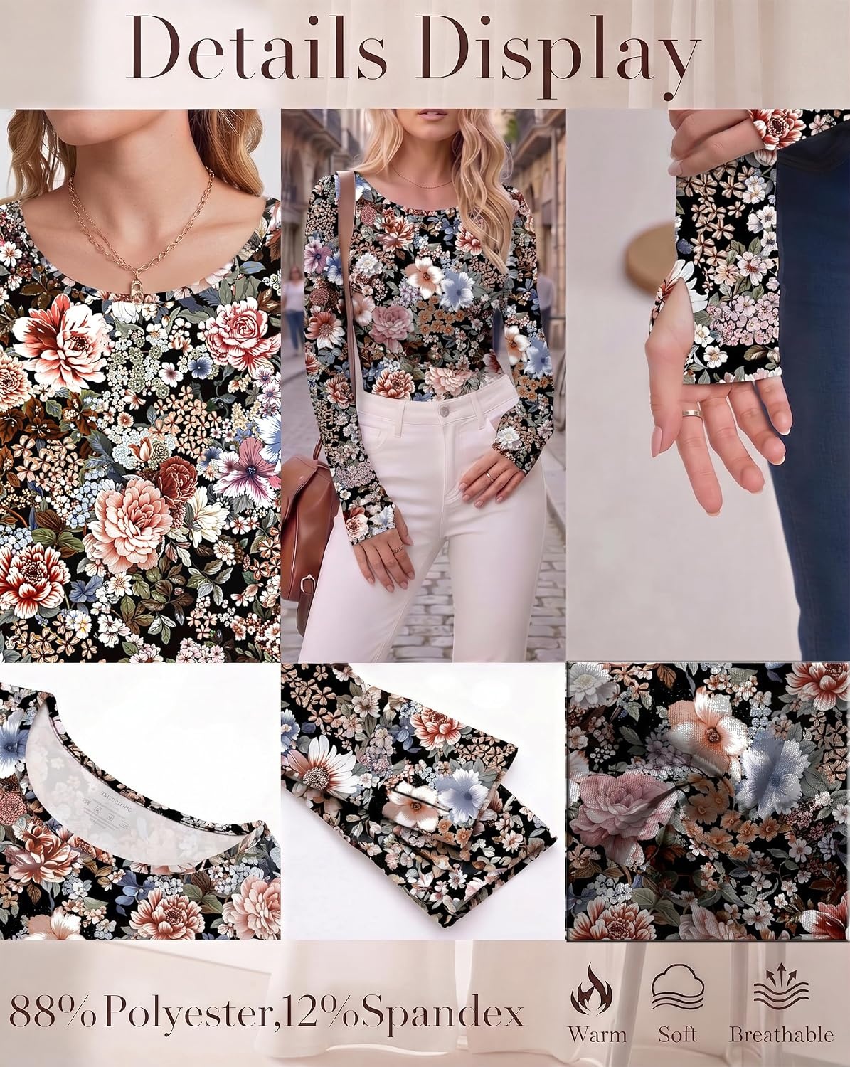 image:imageLong Sleeve Shirts for Women Thumb Hole Fitted Tops Thermal Layering TeesFlroal Printed