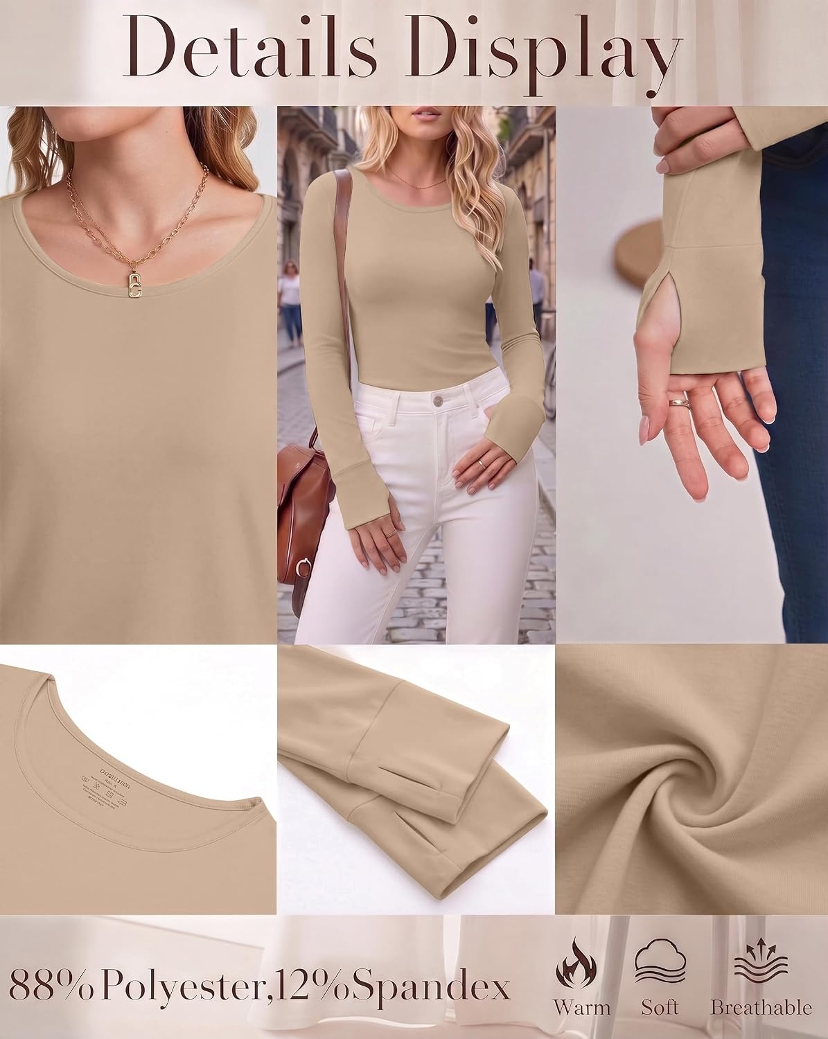 image:imageLong Sleeve Shirts for Women Thumb Hole Fitted Tops Thermal Layering TeesKhaki