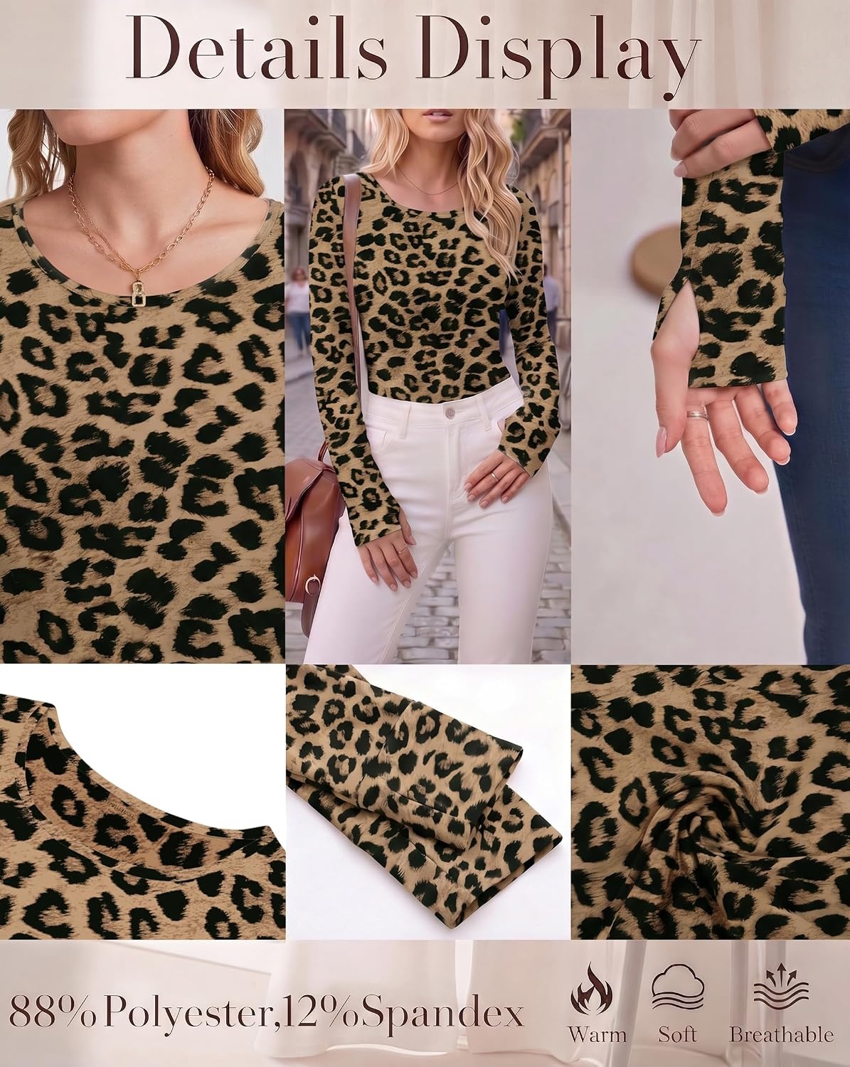 image:imageLong Sleeve Shirts for Women Thumb Hole Fitted Tops Thermal Layering TeesLeopard