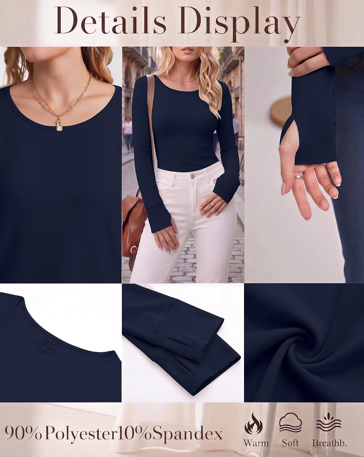 image:imageLong Sleeve Shirts for Women Thumb Hole Fitted Tops Thermal Layering TeesNavy Blue