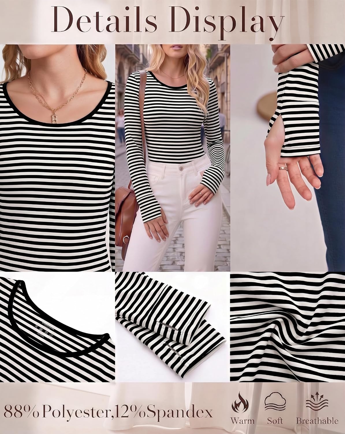 image:imageLong Sleeve Shirts for Women Thumb Hole Fitted Tops Thermal Layering TeesStripe White Black