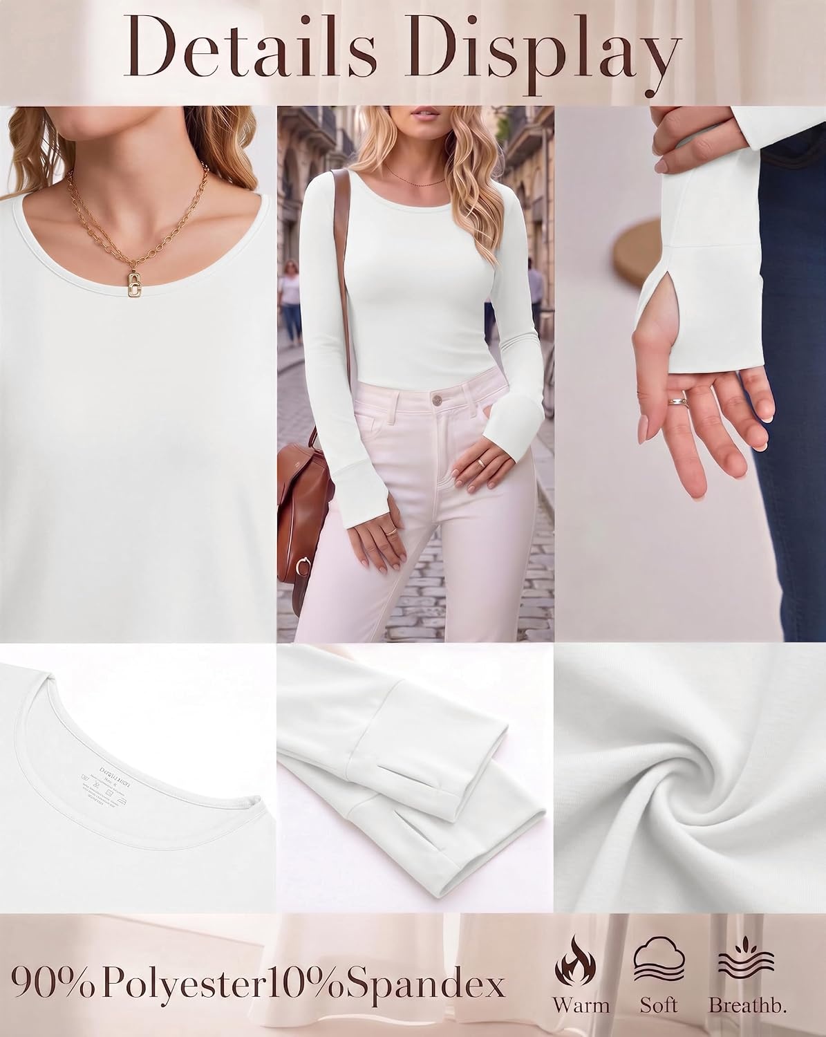 image:imageLong Sleeve Shirts for Women Thumb Hole Fitted Tops Thermal Layering TeesWhtie