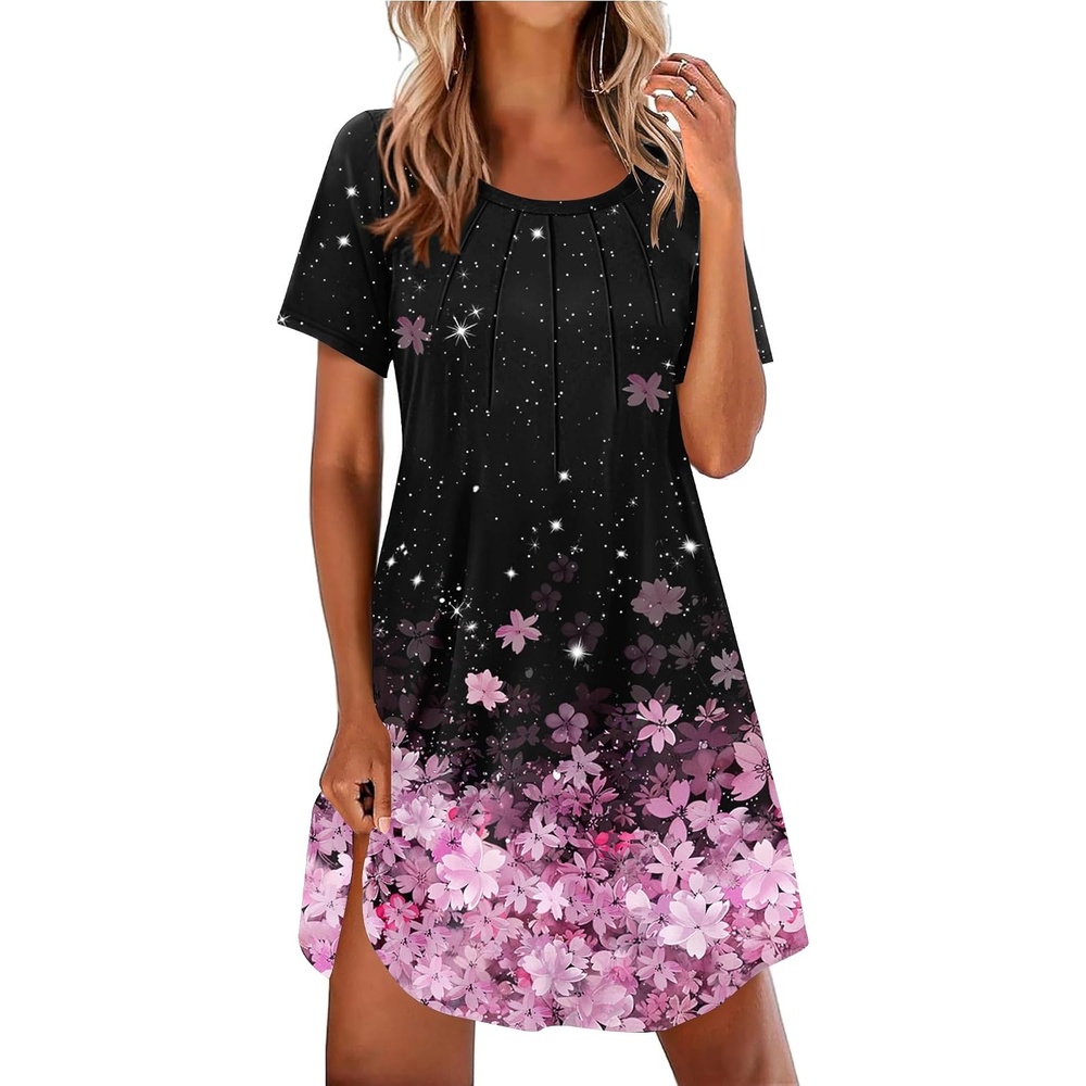 image:imageEkouaer Nightgowns for Women Pleated Nightshirts Short Sleeve SleepshirtsBlack Pink Sakura