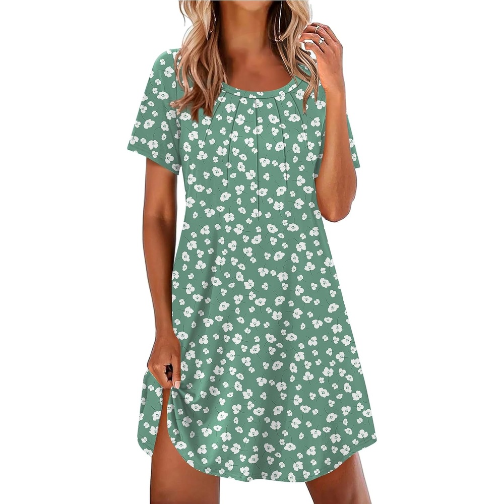 image:imageEkouaer Nightgowns for Women Pleated Nightshirts Short Sleeve SleepshirtsGreen White Florals