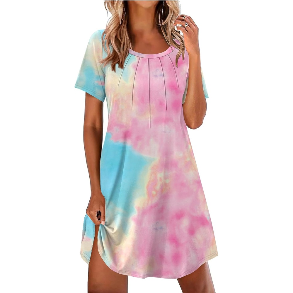 image:imageEkouaer Nightgowns for Women Pleated Nightshirts Short Sleeve SleepshirtsPink  Blue Tie Dye