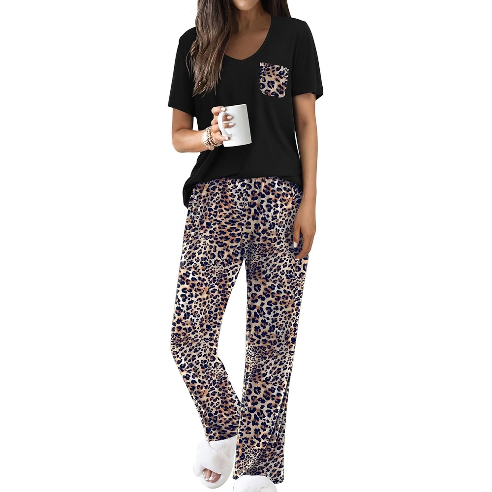 image:imageEkouaer Pajama Sets for Women 2 Piece Short Sleeve Pj V Neck Chest PocketBlack Cheetah