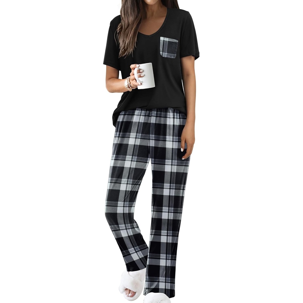image:imageEkouaer Pajama Sets for Women 2 Piece Short Sleeve Pj V Neck Chest PocketBlack Plaid