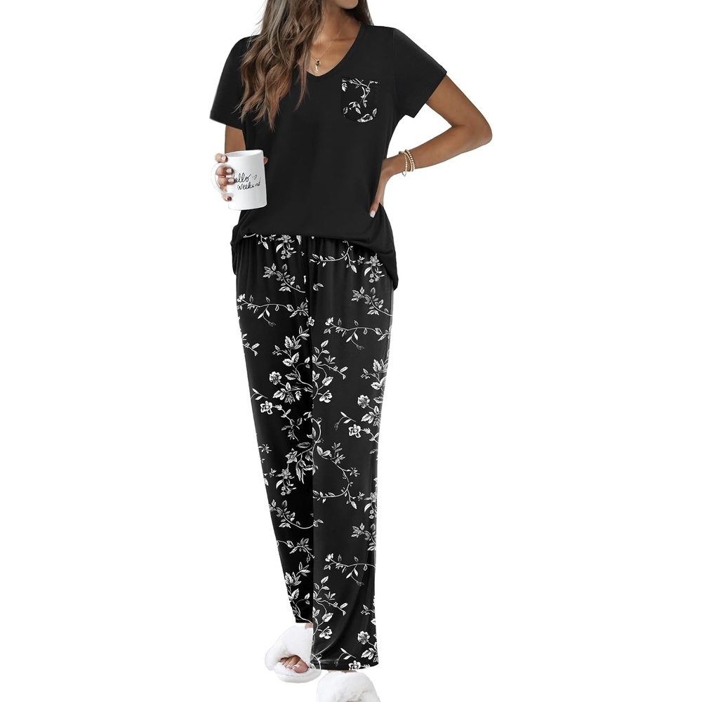 image:imageEkouaer Pajama Sets for Women 2 Piece Short Sleeve Pj V Neck Chest PocketBlack White Floral