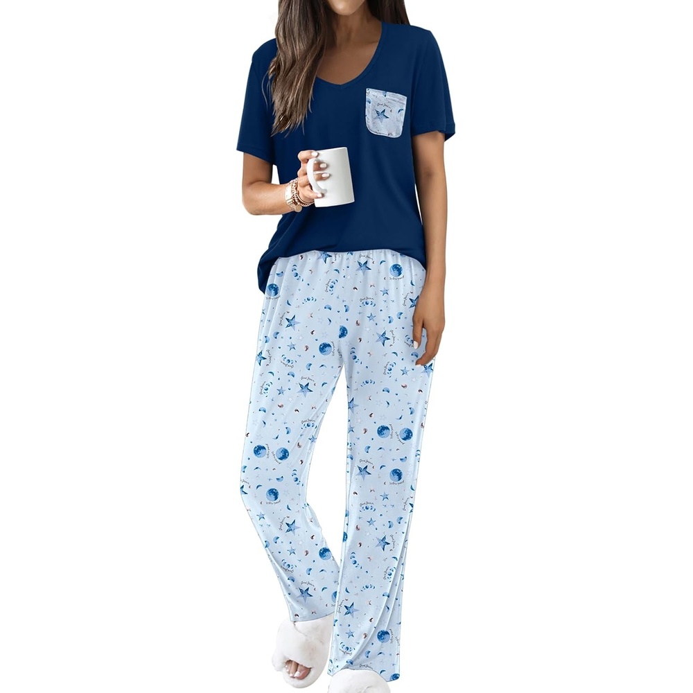 image:imageEkouaer Pajama Sets for Women 2 Piece Short Sleeve Pj V Neck Chest PocketBluenavy Star