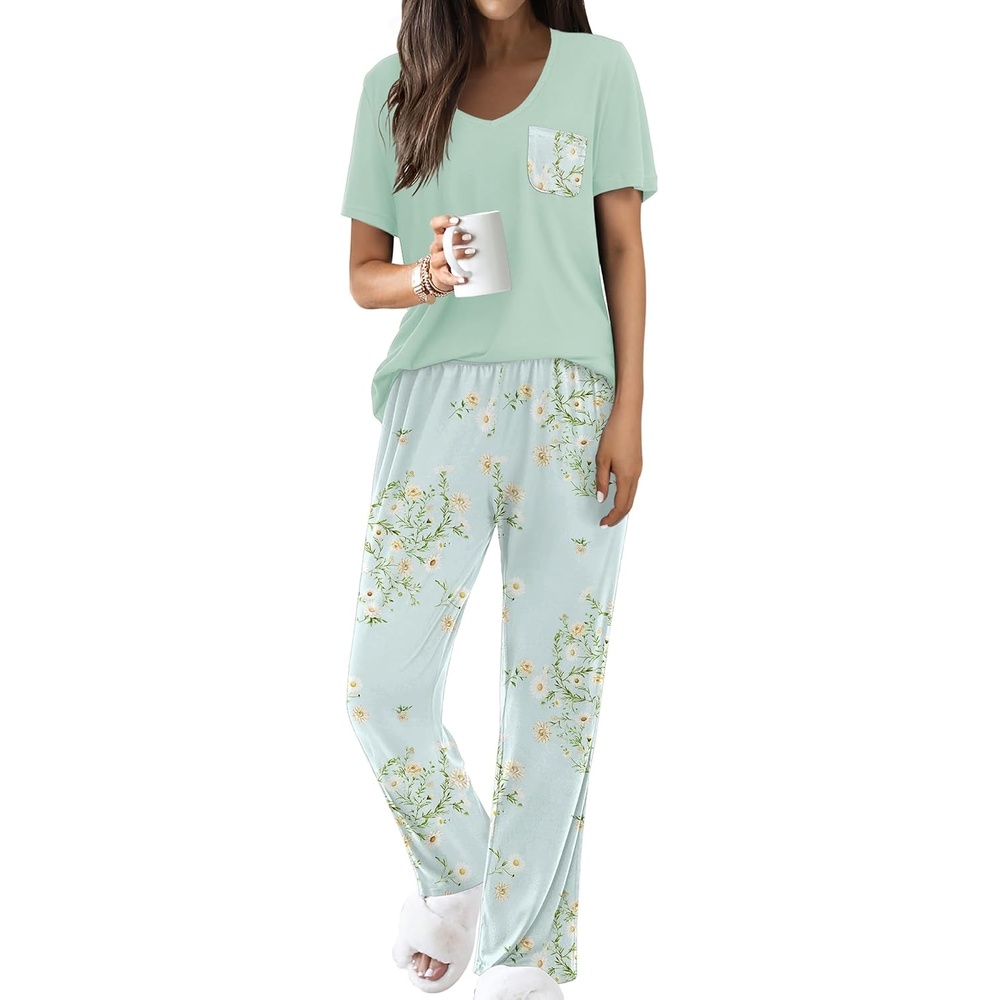 image:imageEkouaer Pajama Sets for Women 2 Piece Short Sleeve Pj V Neck Chest PocketGreen Daisy